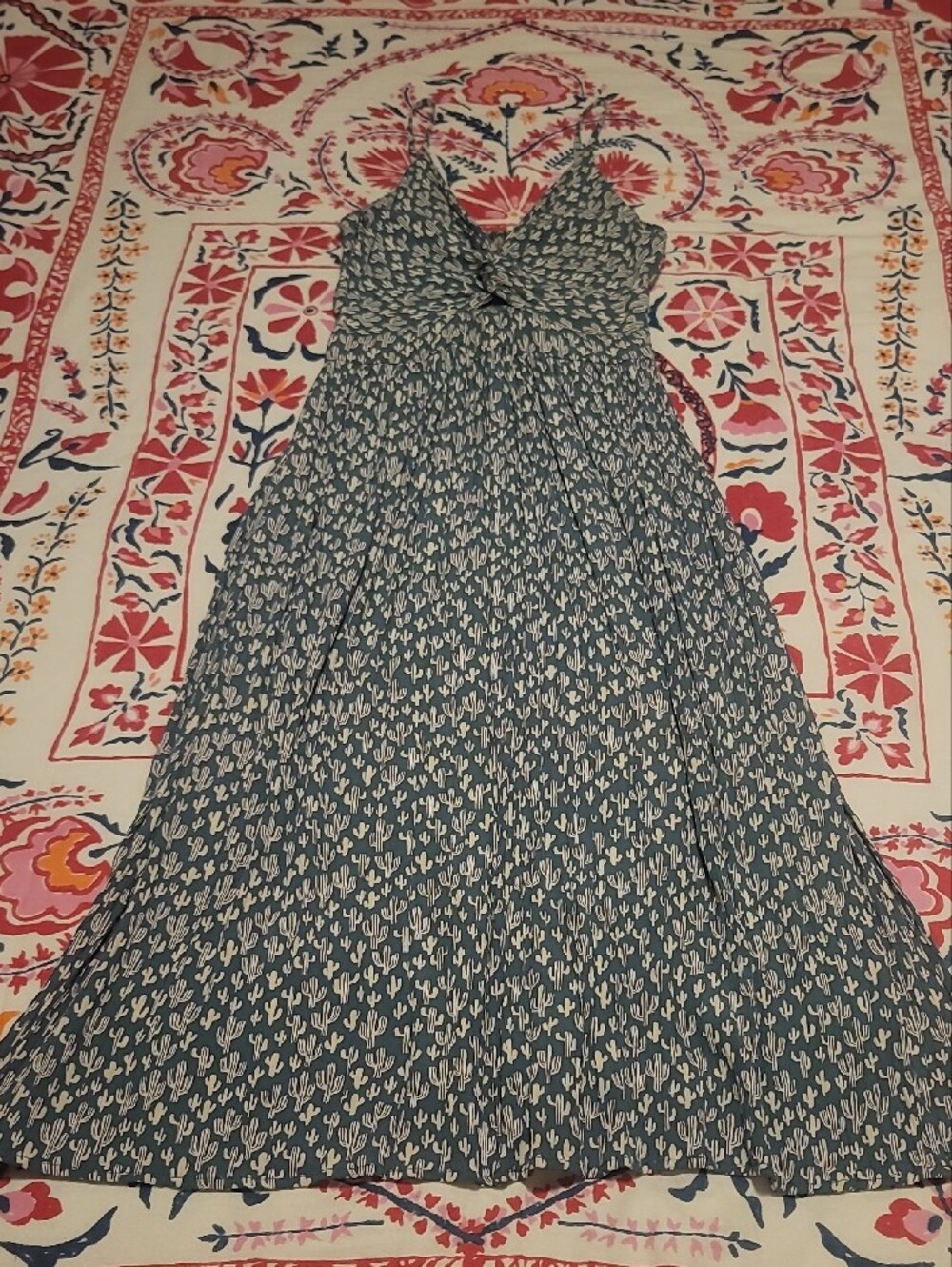 Angie Twist Front Green Cactus Print Boho Maxi Dress with Spaghetti Straps